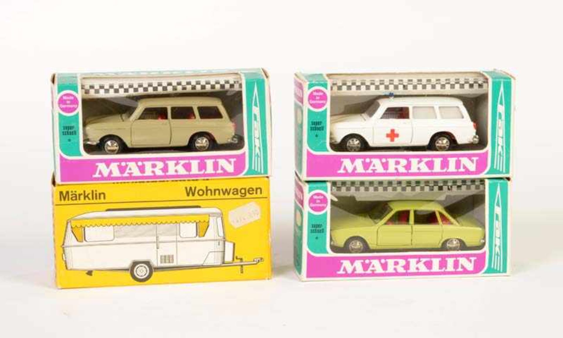 Marklin, 3x VW + Wohnwagen, W.-Germany, 1:43, Druckguss, Okt Z 1-, Z 1 Marklin, 3x VW + Caravan,
