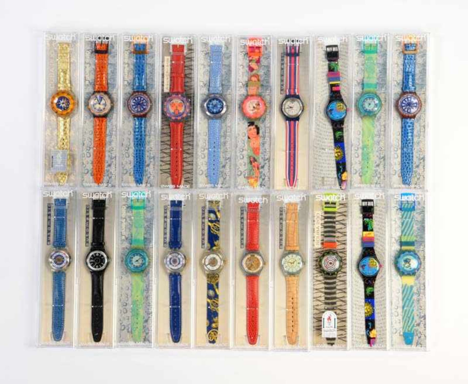 Swatch, 20 verschiedene Herrenuhren, Swiss made, OVP, unbenutzte Sammlerstuecke Swatch, 20 several