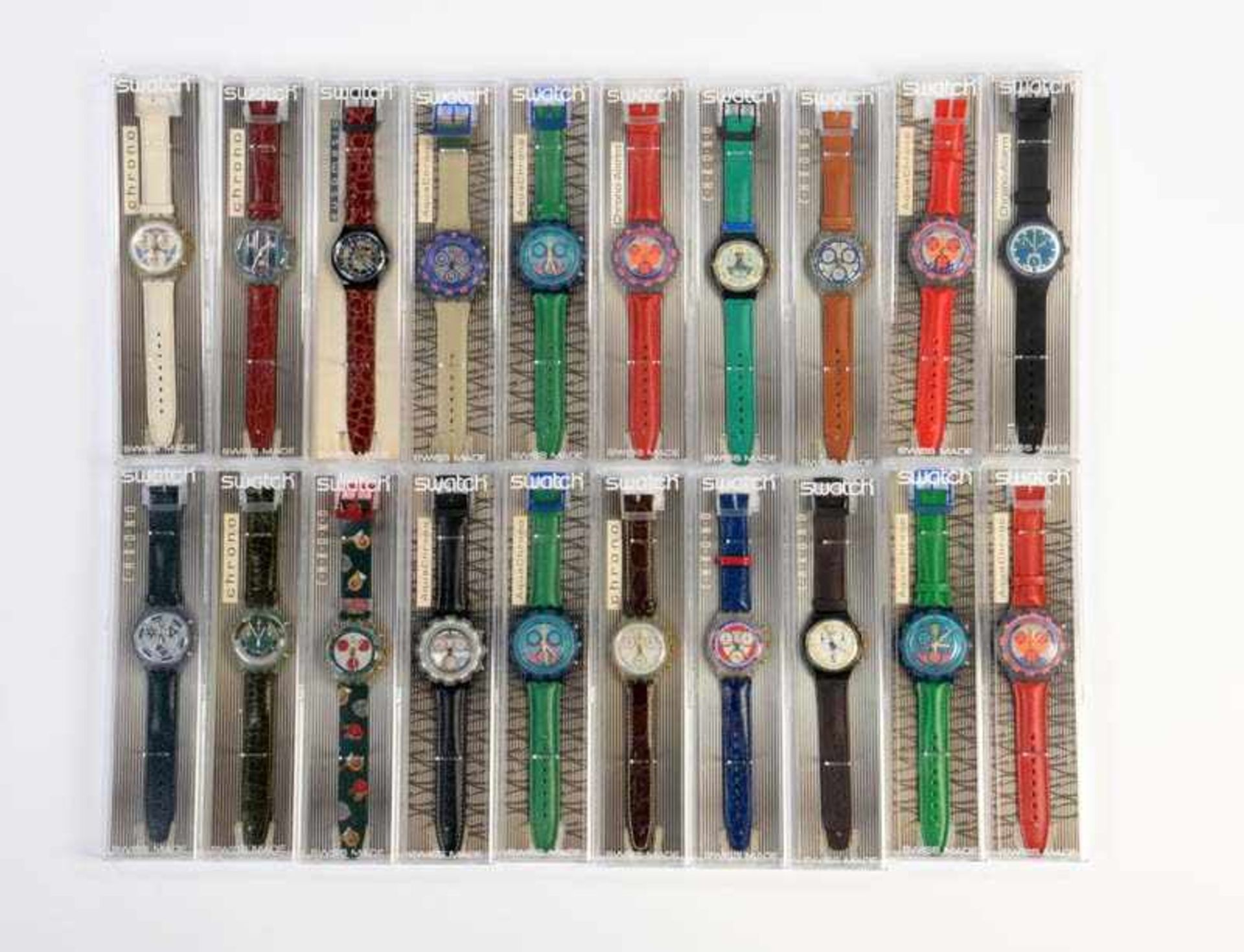 Swatch, 20 verschiedene Herrenuhren, Swiss made, OVP, unbenutzte Sammlerstuecke Swatch, 20 Several