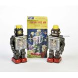 Horikawa, 2x Fighting Space Man, Japan, 30 cm, Blech, Funktion ok, Reprobox, Z 1-2Horikawa, 2x