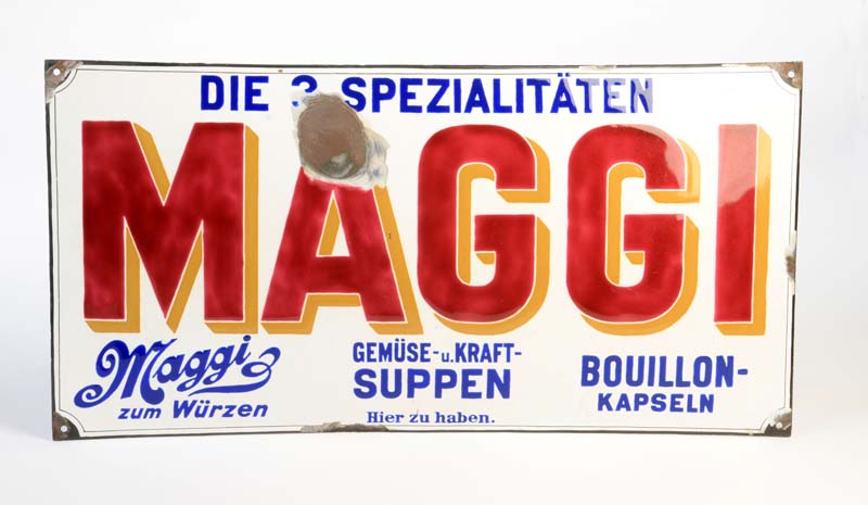 Emailleschild, Maggi "Die Spezialitäten", Germany VK, 70x35 cm, um 1920, 1 Lackablatzer, min. LM