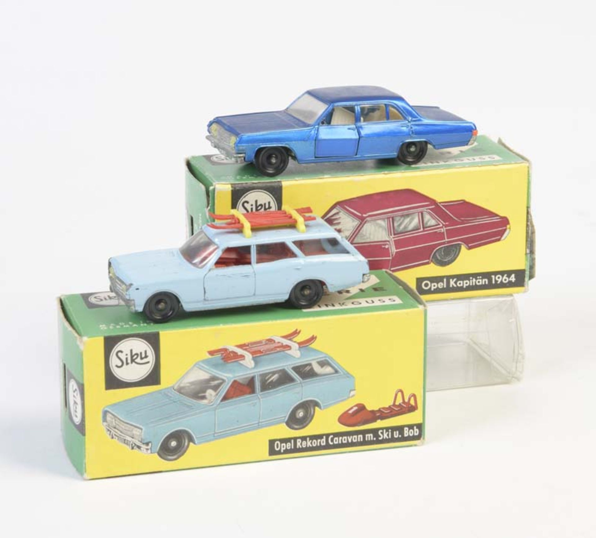 Siku, Opel Kapitän 1964 + Opel Rekord Caravan mit Ski + Bob, W.-Germany, 1:66, Druckguss, LM an Opel