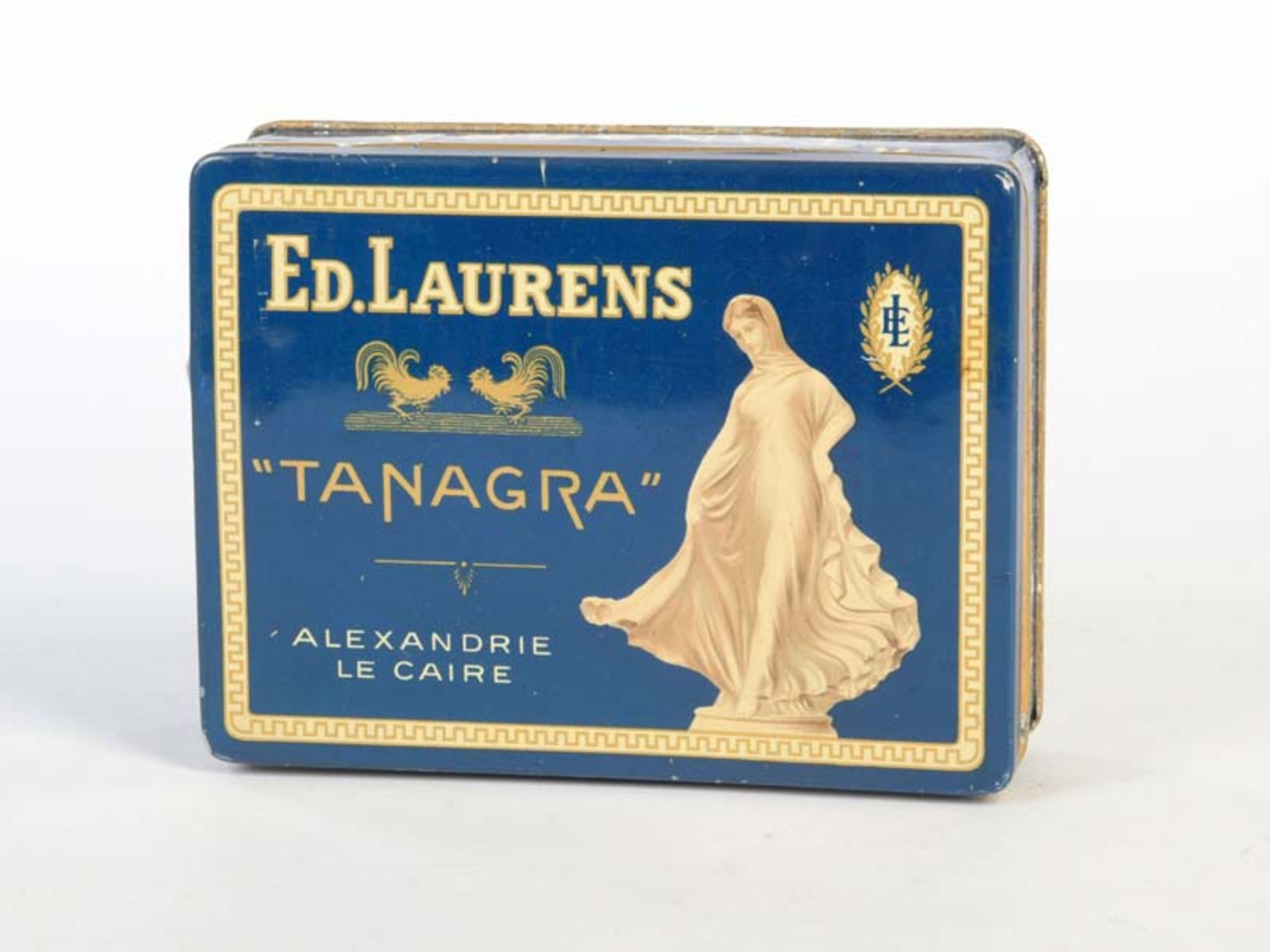 E.D. Laurens, Zigarettendose Tanagra, 11x14,5 cm, Blech, gefüllt mit Originalzigaretten, kleine