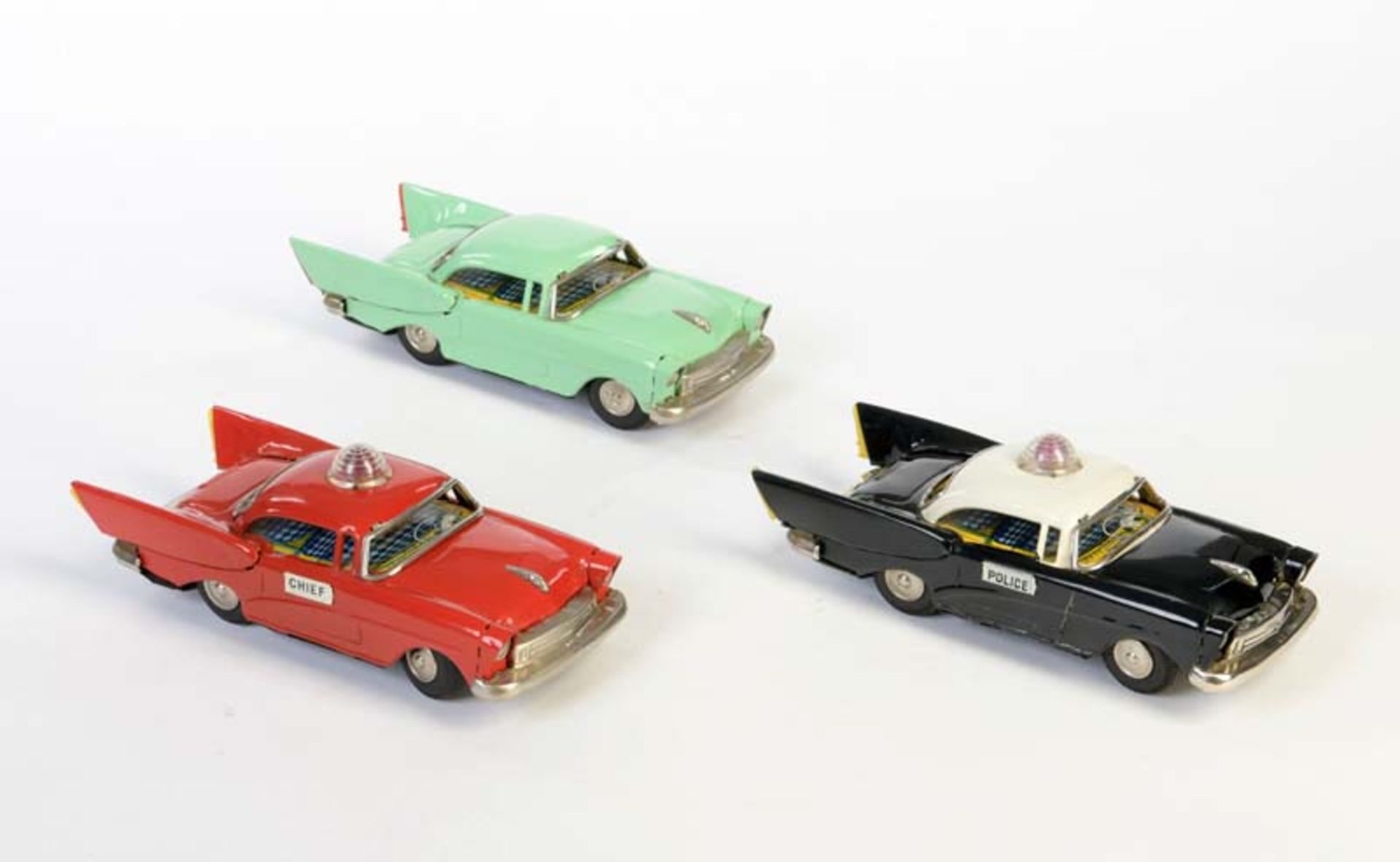 Linemar u.a., 3x Cadillac (1x Fire Chief + 1x Police Car), Japan, 20 cm, Blech, min. LM, Z