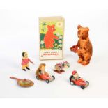 Konvolut Blechspielzeug, Kanto Toys 2 Scooter, SFA Figur mit Mängeln, Bär u.a., Japan, France u.