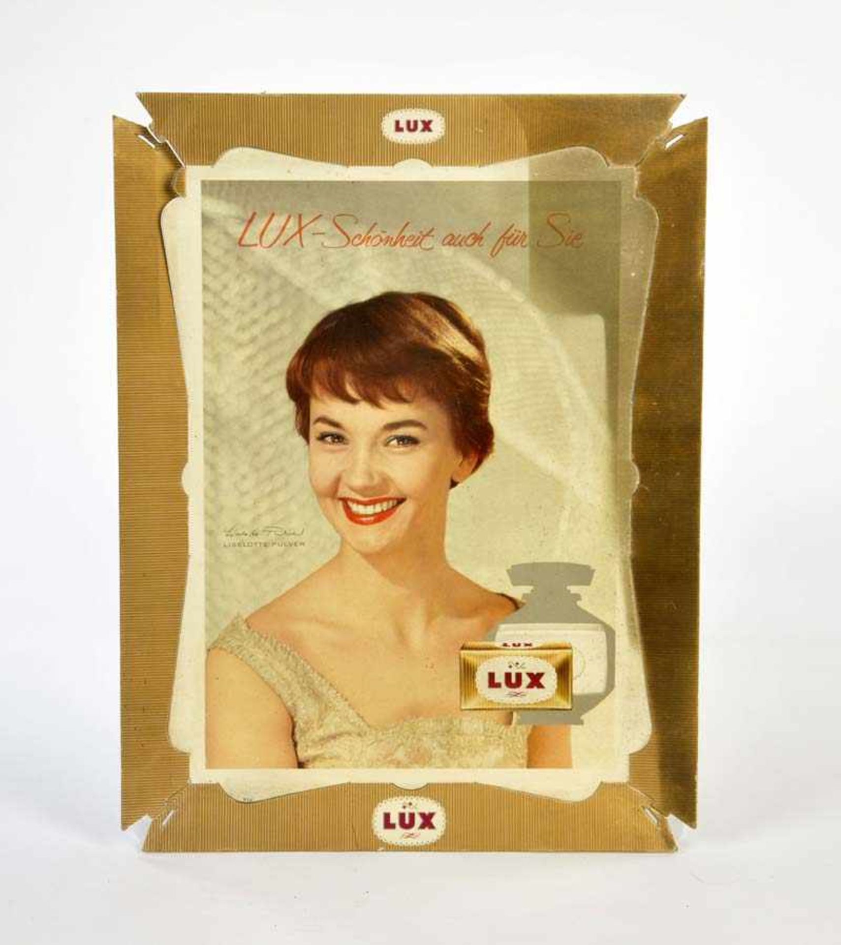 Lux Werbeaufsteller "Liselotte Pulver", 52,5x40,5 cm, Pappe, Ecken min. beschädigt, Z 2-3Lux