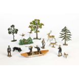 Heyde, Zinnfiguren, Jagdszene, Tiere, Bäume u.a., Germany VK, 4-12 cm, teilw. LM, 12 teilig, meist