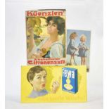 2 Werbeaufsteller + Plakat "Bleyle", "Fewa Wäsche" + "Kuenzlen's Citronensaft", Pappe + Stoff, Z 2-