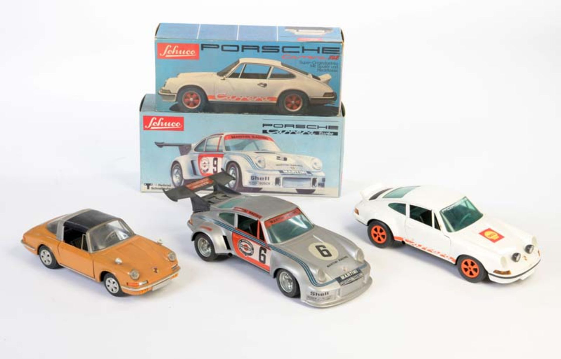 Schuco, 3x Porsche, W.-Germany, 21-29 cm, Kst, teilw. schmutzigSchuco, 3x Porsche, W.-Germany,