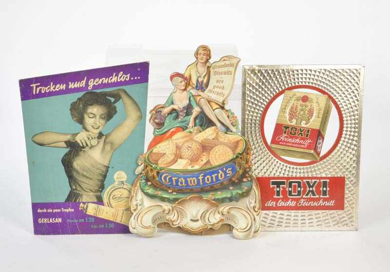 3 Werbeaufsteller "Toxi", Crawford's" + "Gerlasan", 36-40 cm, Pappe, Z 23 Advertising Displays "