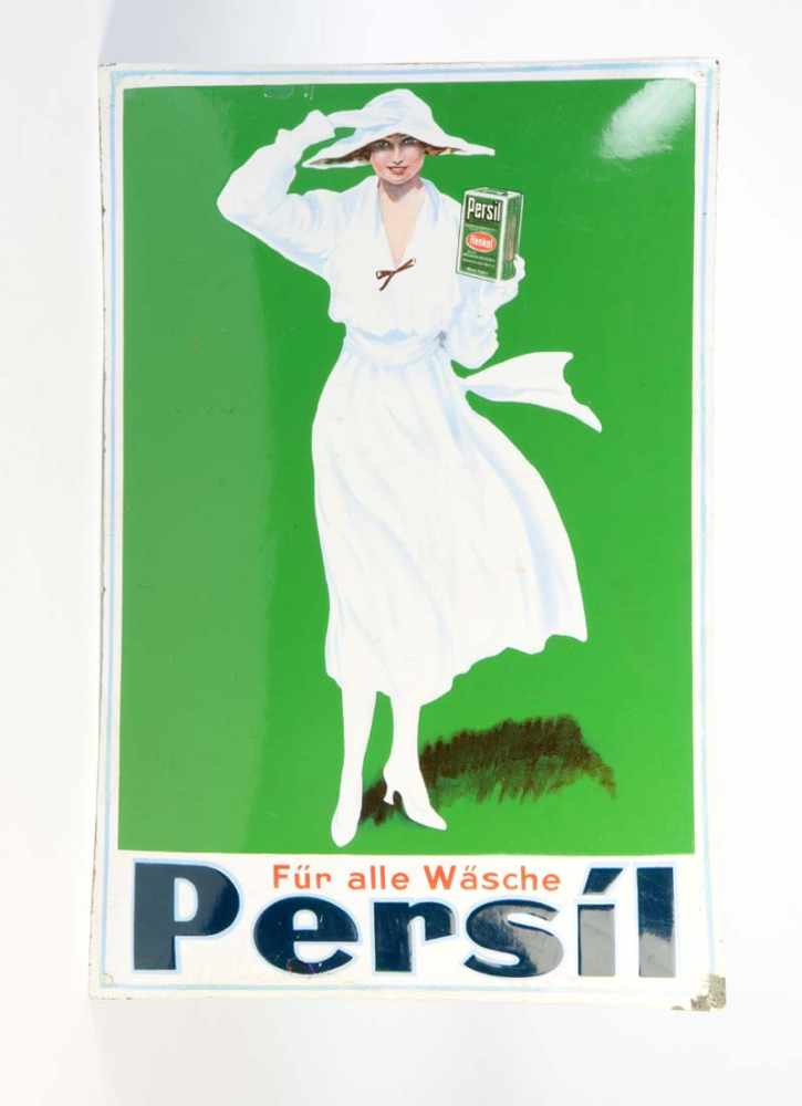 Emailleschild "Persil, Für alle Wäsche", 39x59 cm, min. LM am Rand, Ränder teilw. restauriert, Z 2-