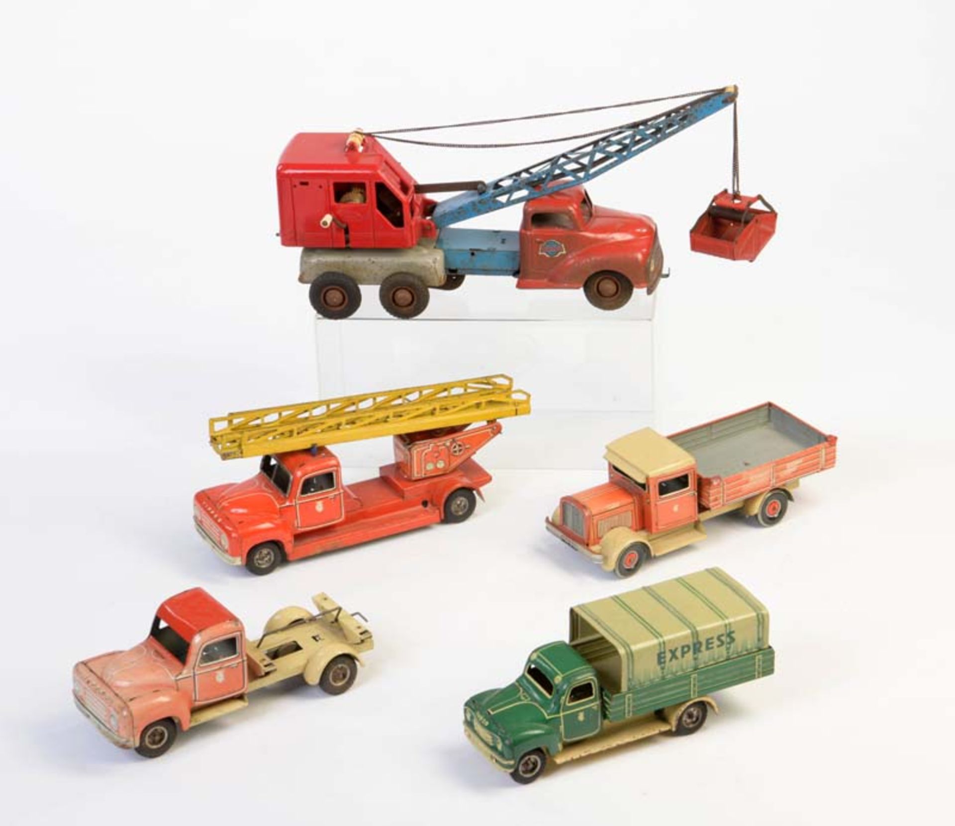 Konvolut Fahrzeuge (4x Tippco + 1x Gama), W.-Germany, 22-32 cm, Blech, LM, Z 2-3Bundle Vehicles (