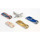 JBP, 5x Pennytoys (Flugzeug, Ambulanz, Rennwagen), England, 10-15 cm, Blech, teilw. LM, gemischter