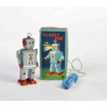 S.N.K., Roboter "Flashy Jim", Japan, 19 cm, Blech, Bat. Antrieb ok, Fernbedienung rostig, Roboter