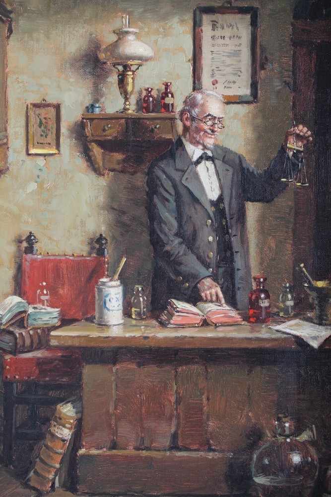 Hein VAN DOREN (*1930) Ölgemälde Apotheker beim Wiegen Düsseldorfer Künstler, Öl/Leinwand, 50 x 39,5 - Image 2 of 3