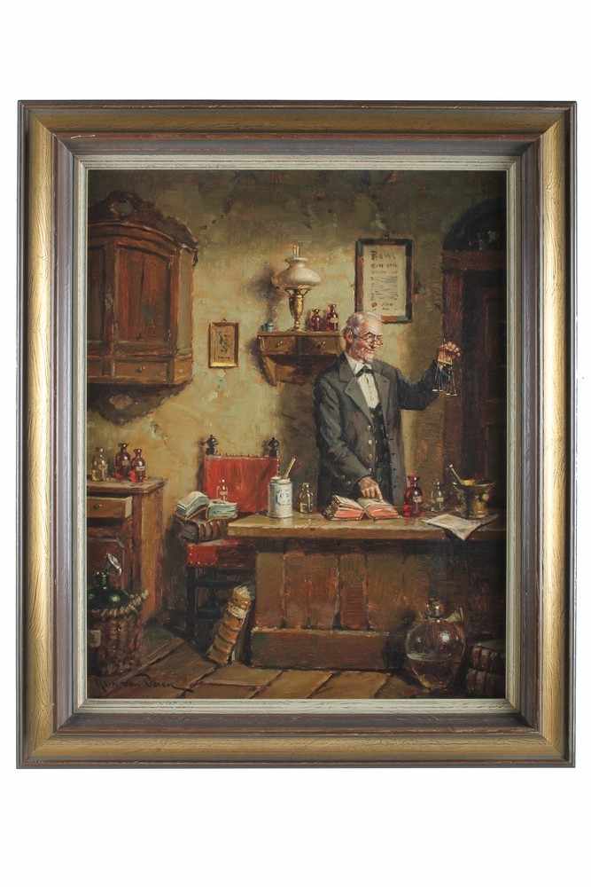 Hein VAN DOREN (*1930) Ölgemälde Apotheker beim Wiegen Düsseldorfer Künstler, Öl/Leinwand, 50 x 39,5