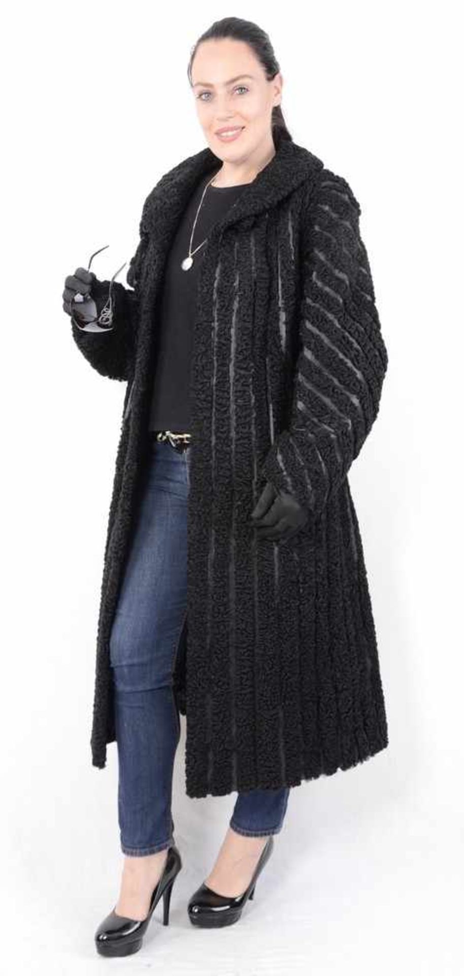 Schwarze Pelzmantel Persianer mit Leder, Karakul black persian lamb fur coat with leather, Size: - Bild 4 aus 7