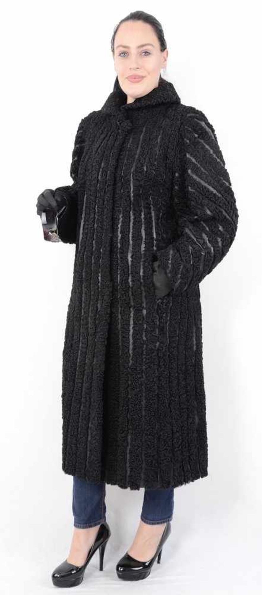 Schwarze Pelzmantel Persianer mit Leder, Karakul black persian lamb fur coat with leather, Size: - Bild 5 aus 7