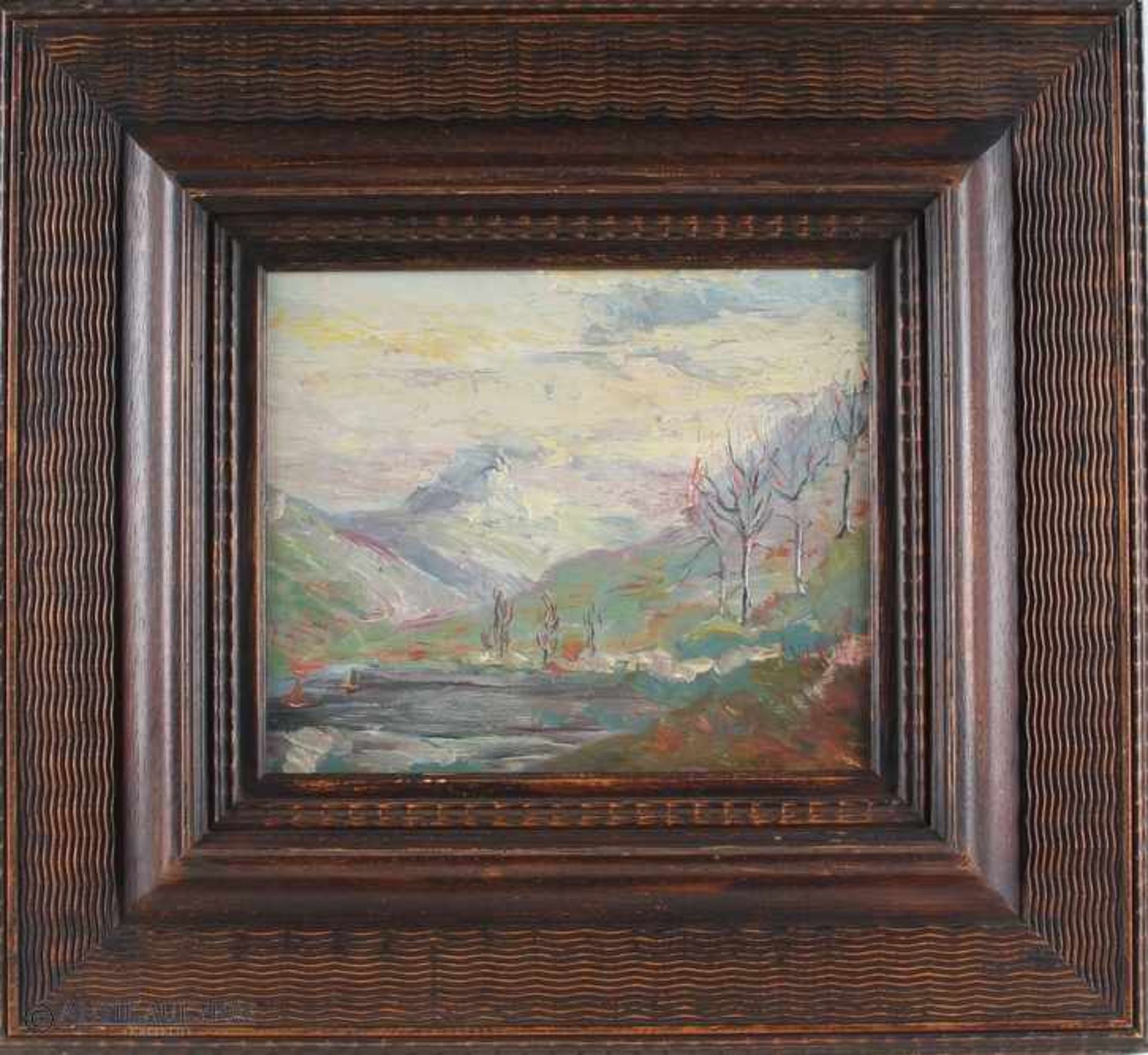 Schweizer Impressionist Anfang 20. Jahrhundert, Alpenlandschaft mit Seeblick, Öl/Holz, u.li. - Bild 2 aus 3