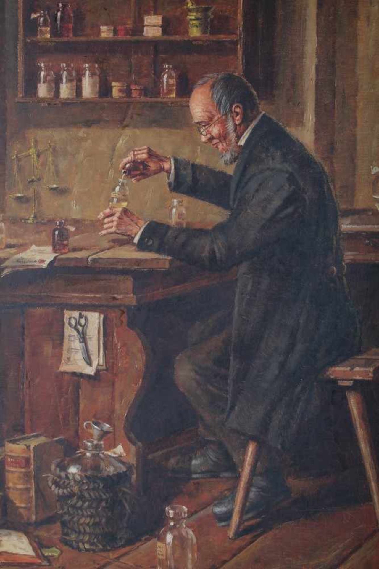 Heinz Werner VAN DER PORTEN (*1930) Ölgemälde Apotheker bei der Arbeit,Düsseldorfer Künstler, Öl/