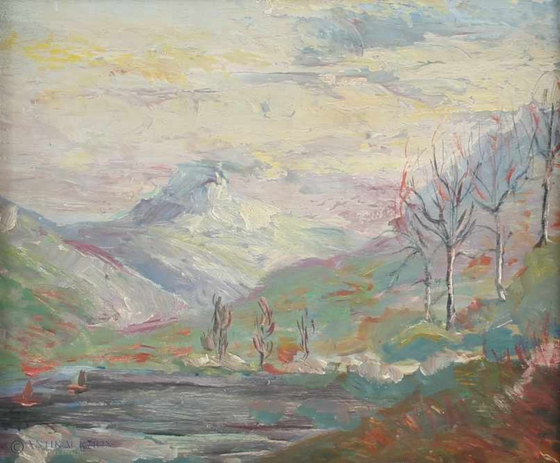 Schweizer Impressionist Anfang 20. Jahrhundert, Alpenlandschaft mit Seeblick, Öl/Holz, u.li.