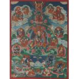 Thangka Tibet um 1900 Padmasambhava, polychrome Malerei auf Textil, in deutsch Lotosgeborener auch