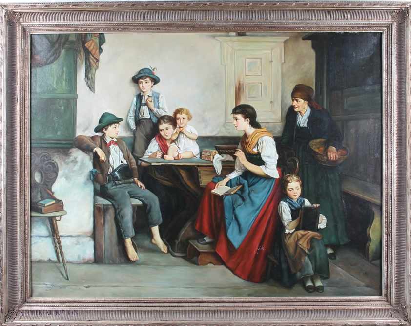 Monumentalwerk, Stubeninterieur mit Familie am Tisch, Maler des 20. Jahrhunderts, Öl/Leinwand, u.li. - Image 2 of 4