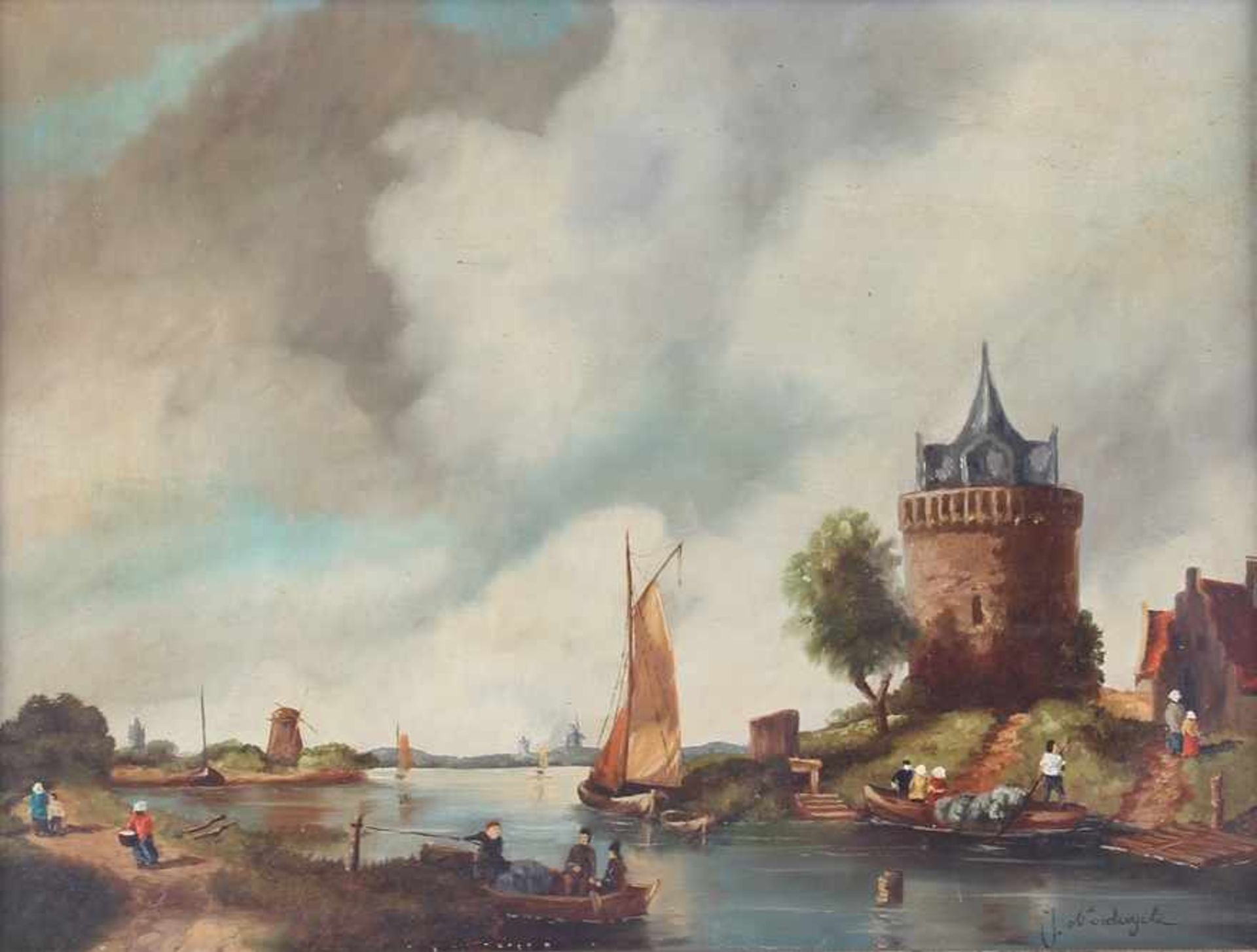 Niederländischer Maler, J. Nordwyck, belebte Flußlandschaft mit Schutzturm,Öl/Leinwand, Mitte 20.