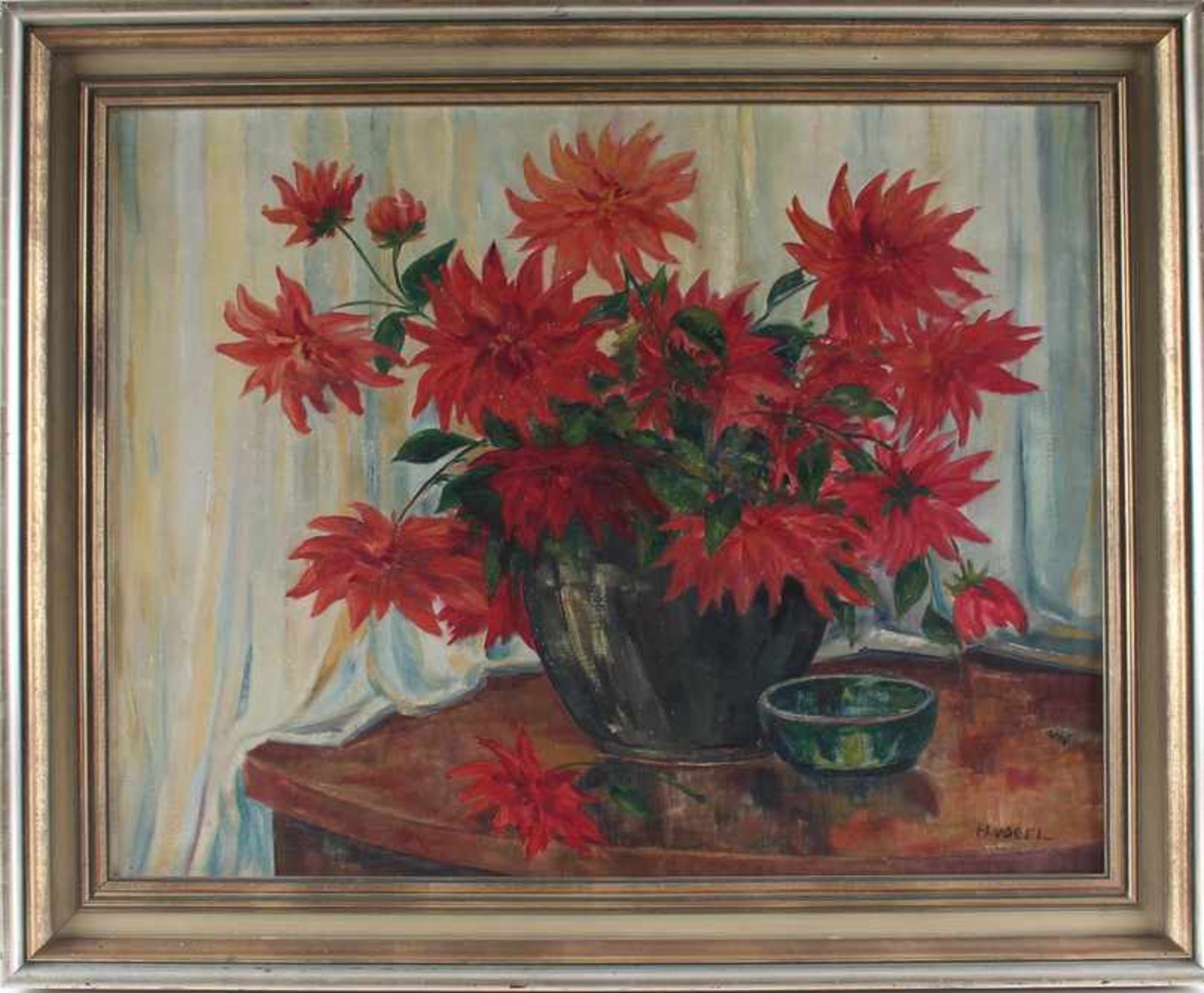 Heinz Vogel 1898-1977, großes Blumenstillleben, Topfblume auf dem Tisch, Öl/Leinwand, u.r. signiert, - Bild 2 aus 4