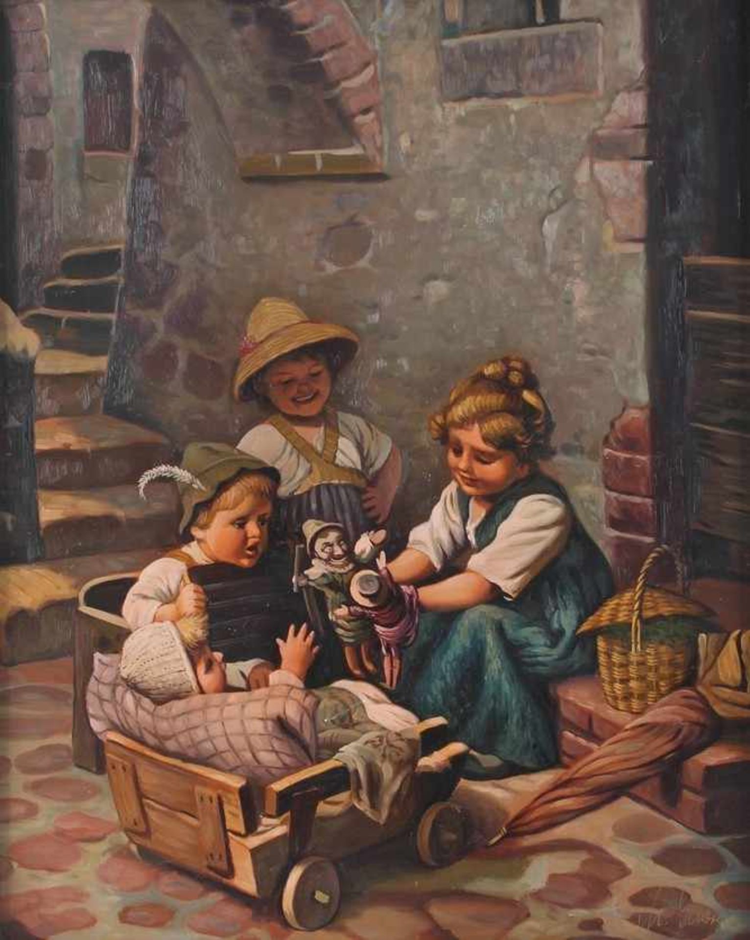 Michael Schorn, akademischer Maler des 20. Jahrhunderts, spielende Kinder mit Handpuppen in