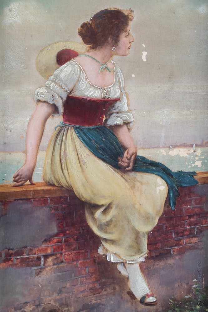 Jugendstil Porzellan Bildplatte Junge Frau mit Hut um 1900,Öl auf Porzellan, Junge Frau mit Hut
