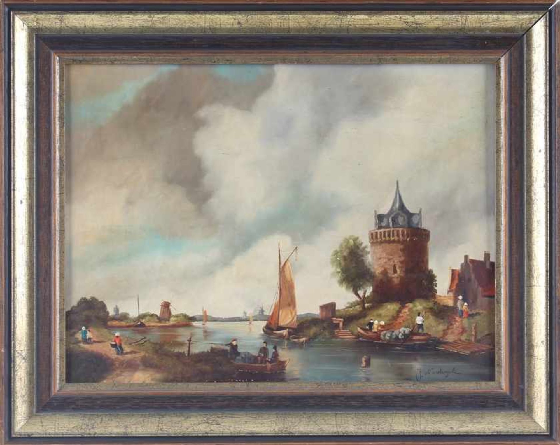 Niederländischer Maler, J. Nordwyck, belebte Flußlandschaft mit Schutzturm,Öl/Leinwand, Mitte 20. - Bild 2 aus 3