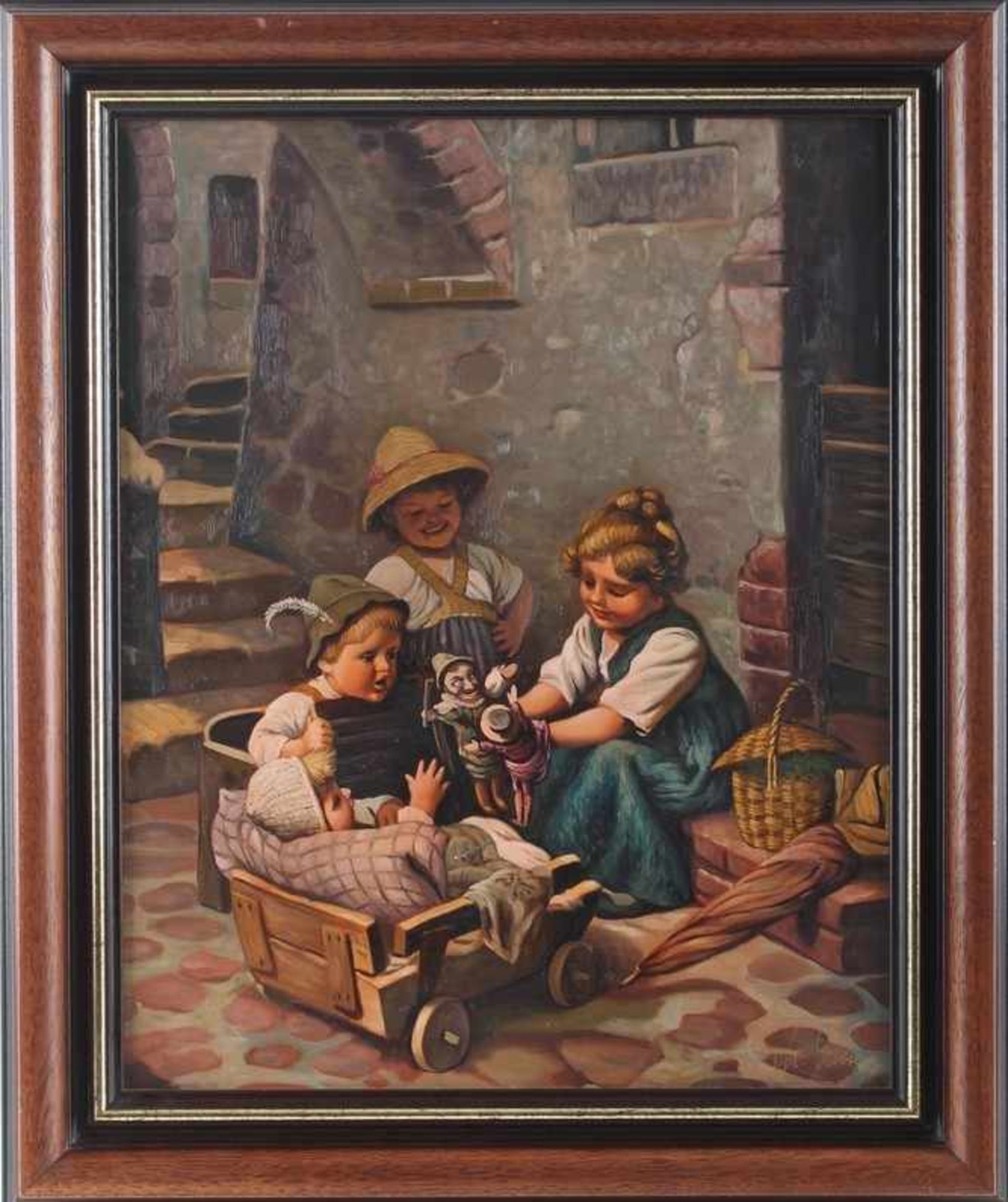 Michael Schorn, akademischer Maler des 20. Jahrhunderts, spielende Kinder mit Handpuppen in - Bild 2 aus 3