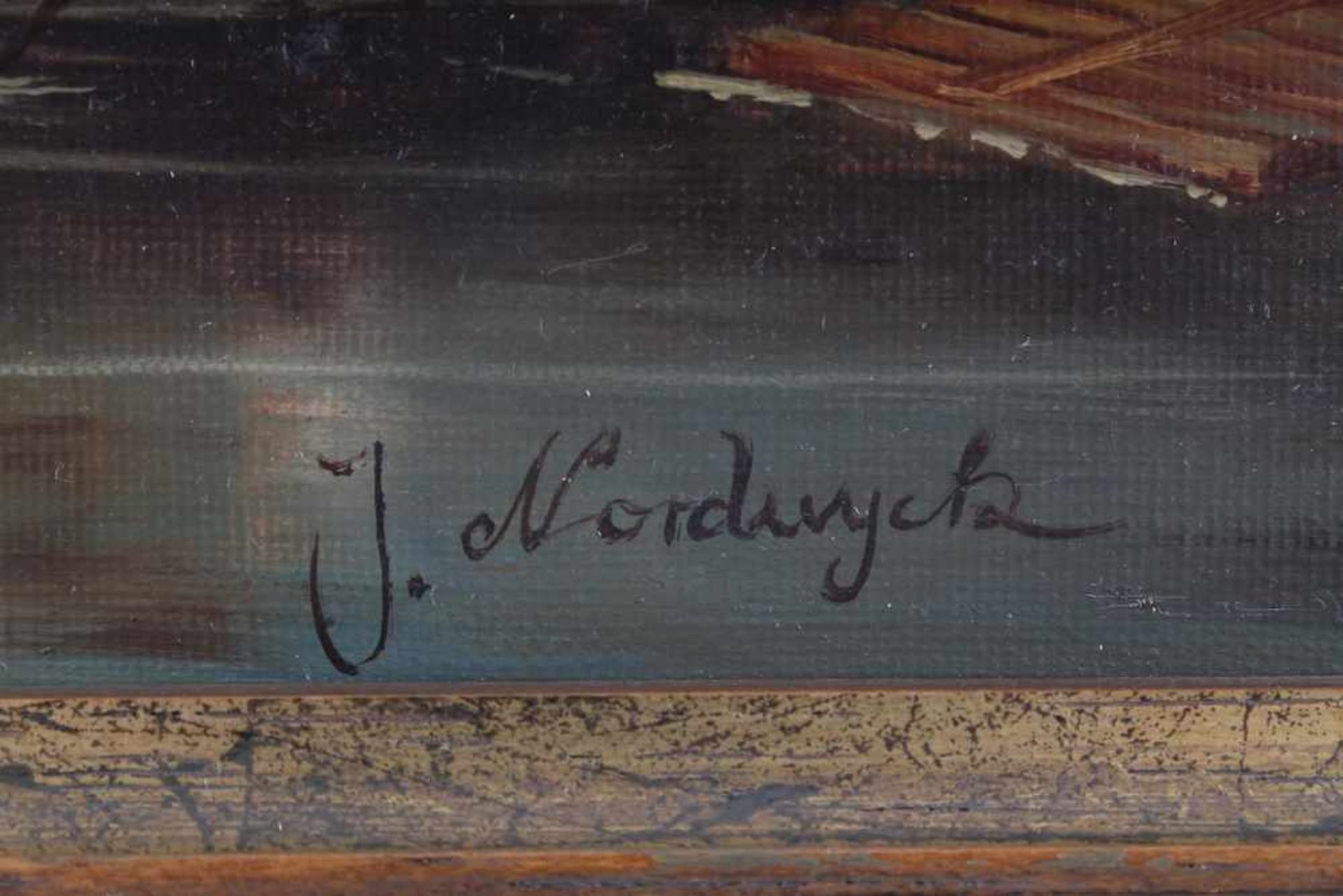 Niederländischer Maler, J. Nordwyck, belebte Flußlandschaft mit Schutzturm,Öl/Leinwand, Mitte 20. - Bild 3 aus 3