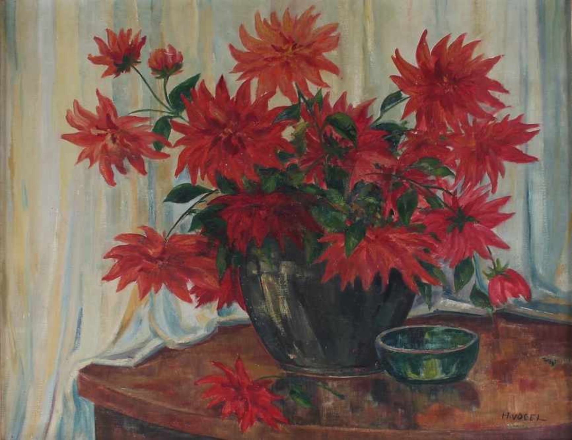 Heinz Vogel 1898-1977, großes Blumenstillleben, Topfblume auf dem Tisch, Öl/Leinwand, u.r. signiert,
