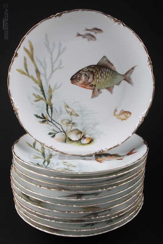 Rosenthal 15-teiliges Fischservice Jugendstil um 1900,Speiseservice grüne Stempelmarken um 1900- - Image 4 of 5