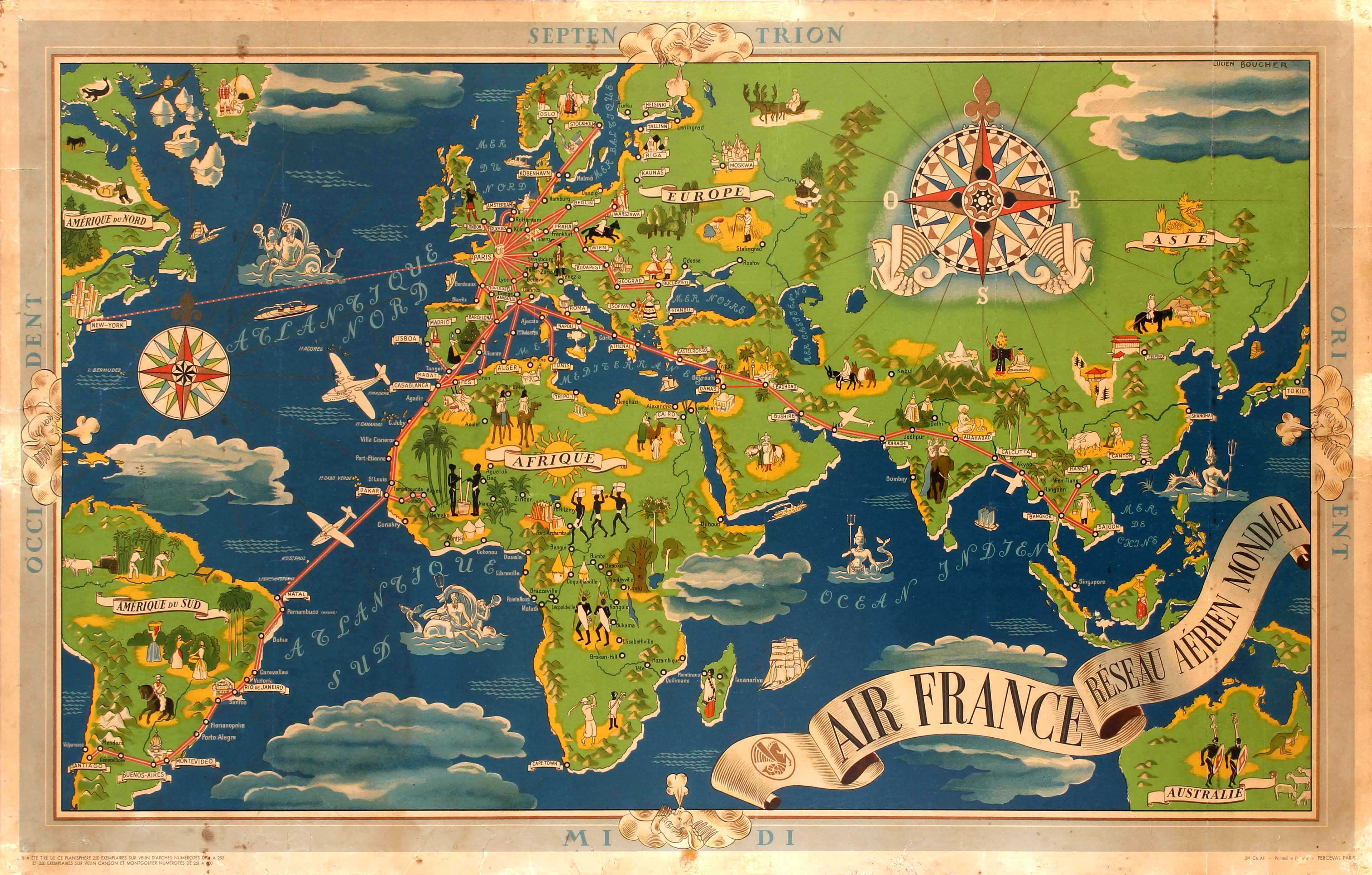 Advertising Poster Air France Worldwide Airline Network Map