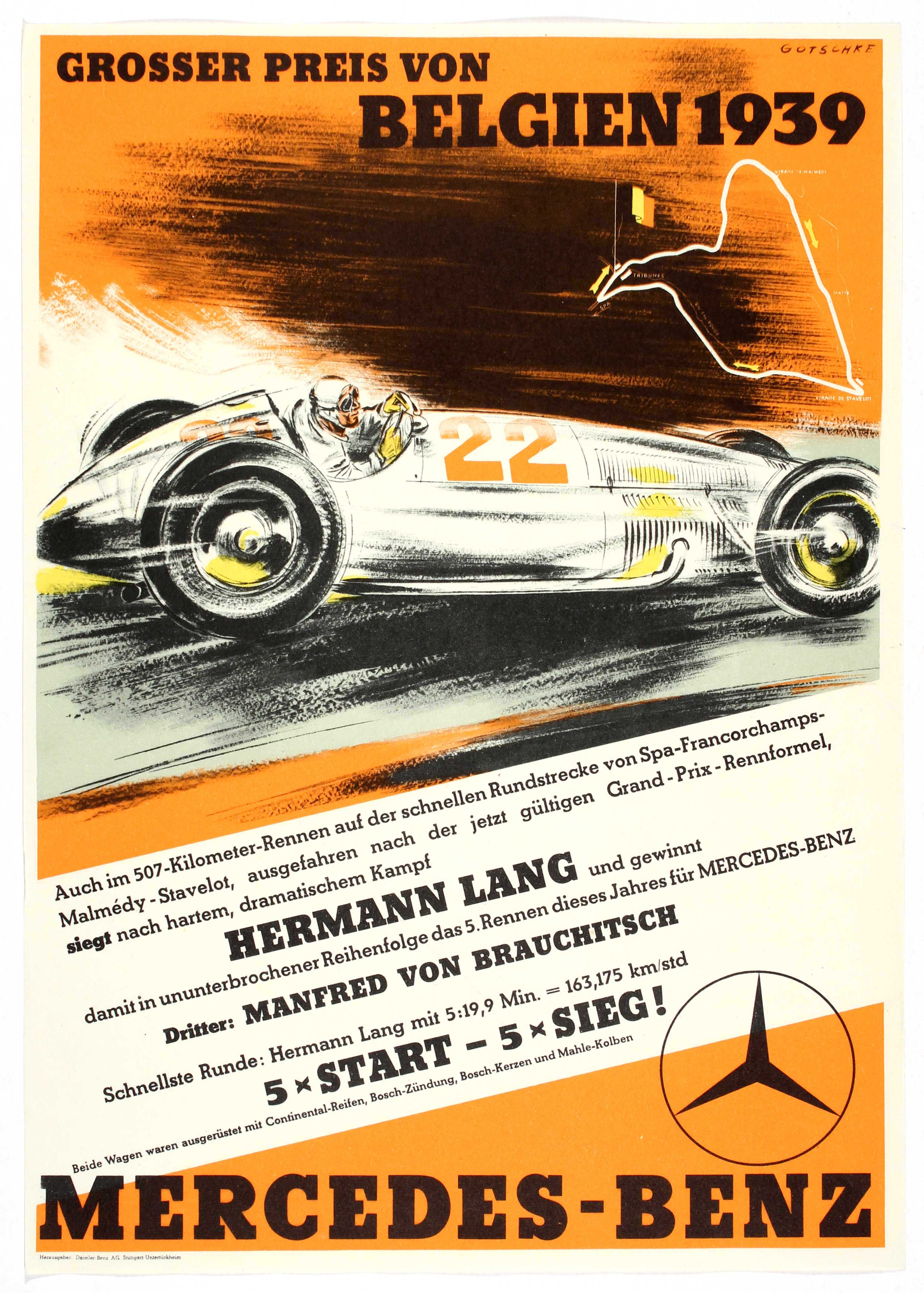 Car Racing Poster Grand Prix Belgium 1939 Mercedes Benz