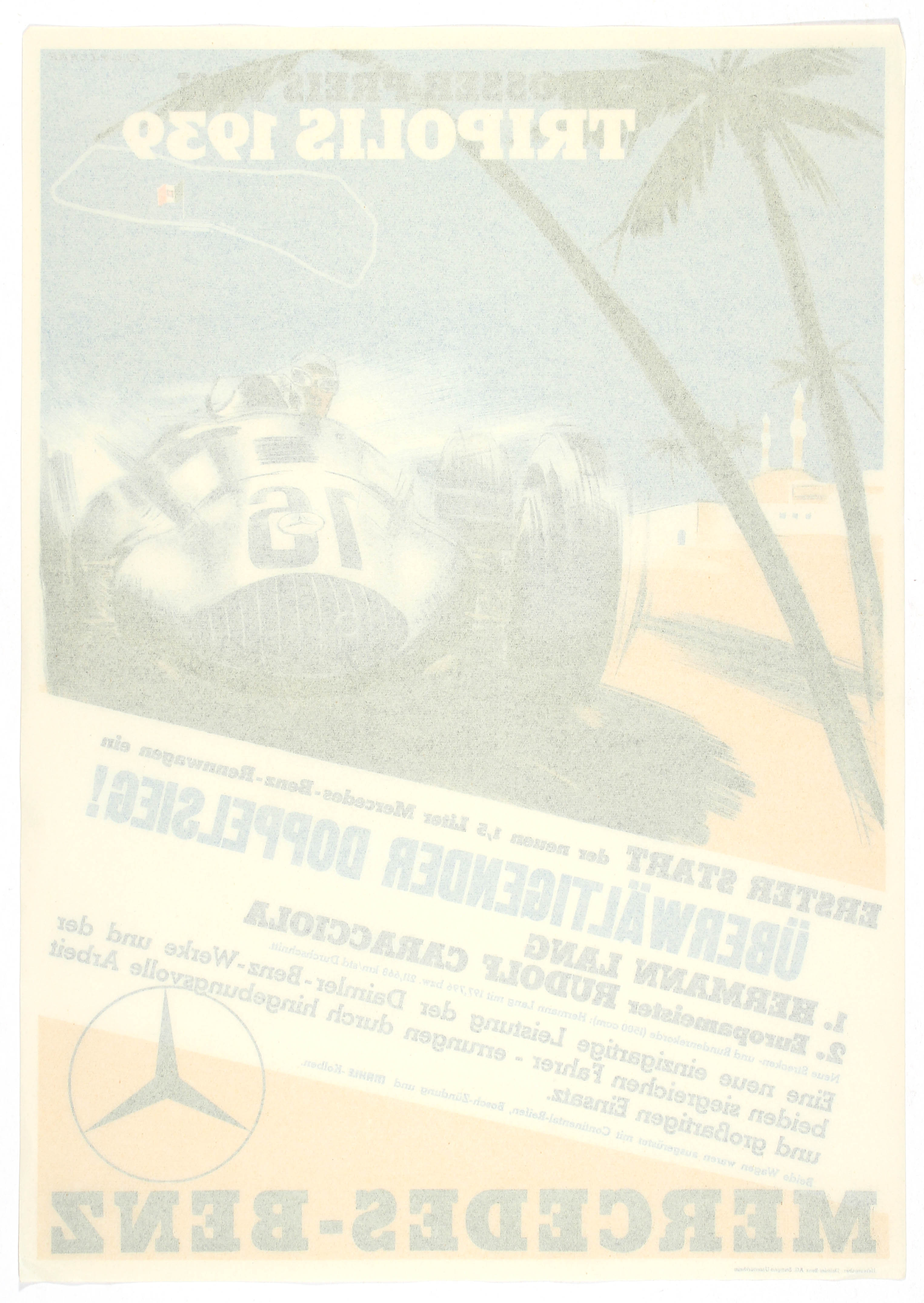 Car Racing Poster Tripolis Grand Prix 1939 Mercedes Benz - Image 2 of 2