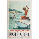 Original Travel Poster Algeria Beaches Sailing Swimming