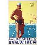 Original Vintage Sport Poster Swimmer USSR