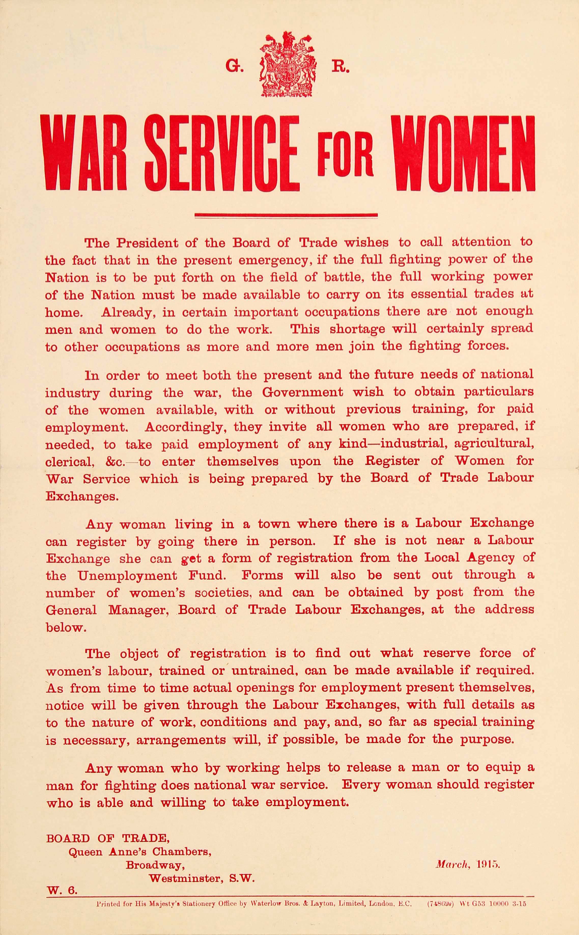 War Poster War Service For Women Labour Exchange WWI Emancipation