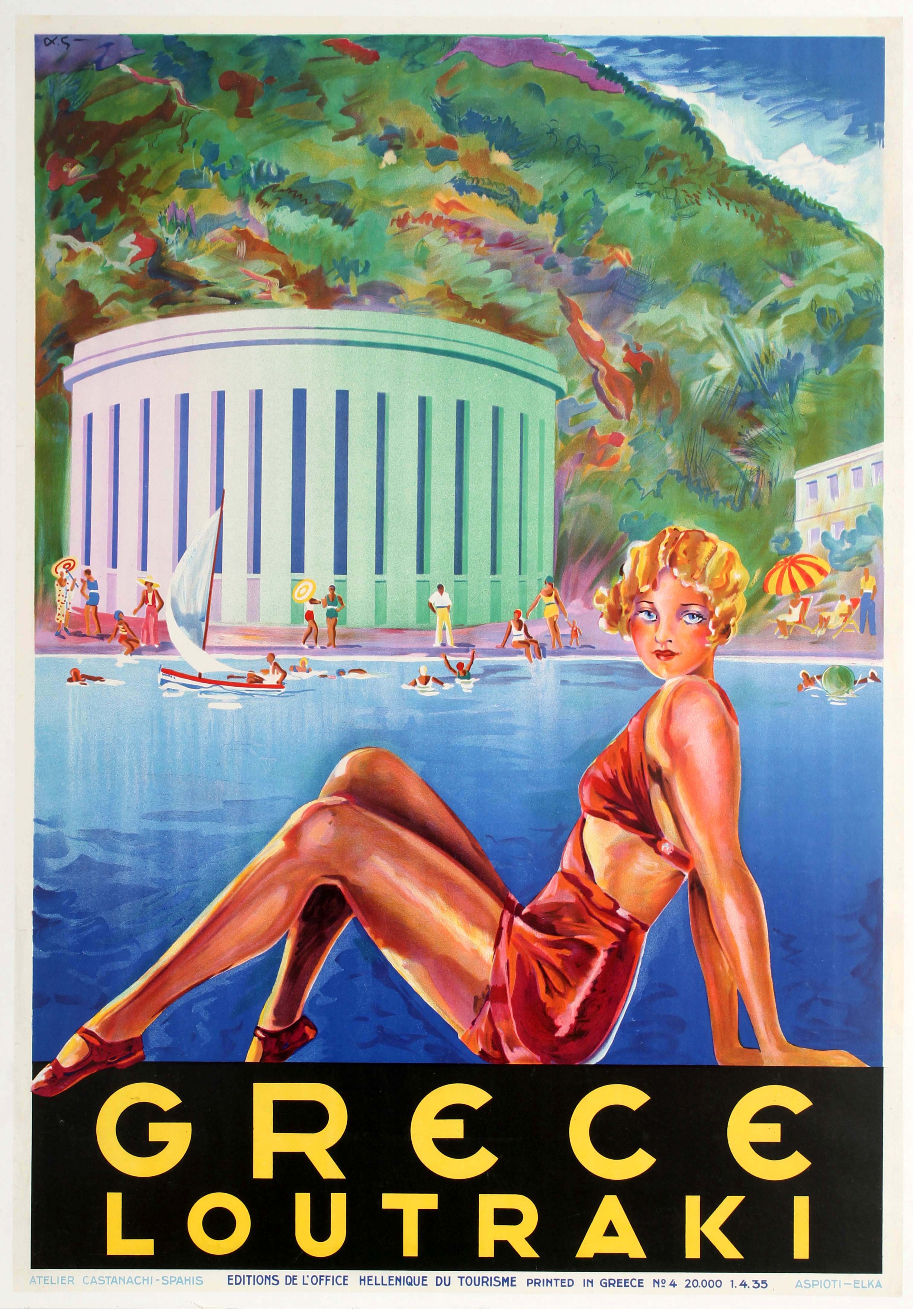 Travel Poster Greece Loutraki Sailing Flapper Art Deco