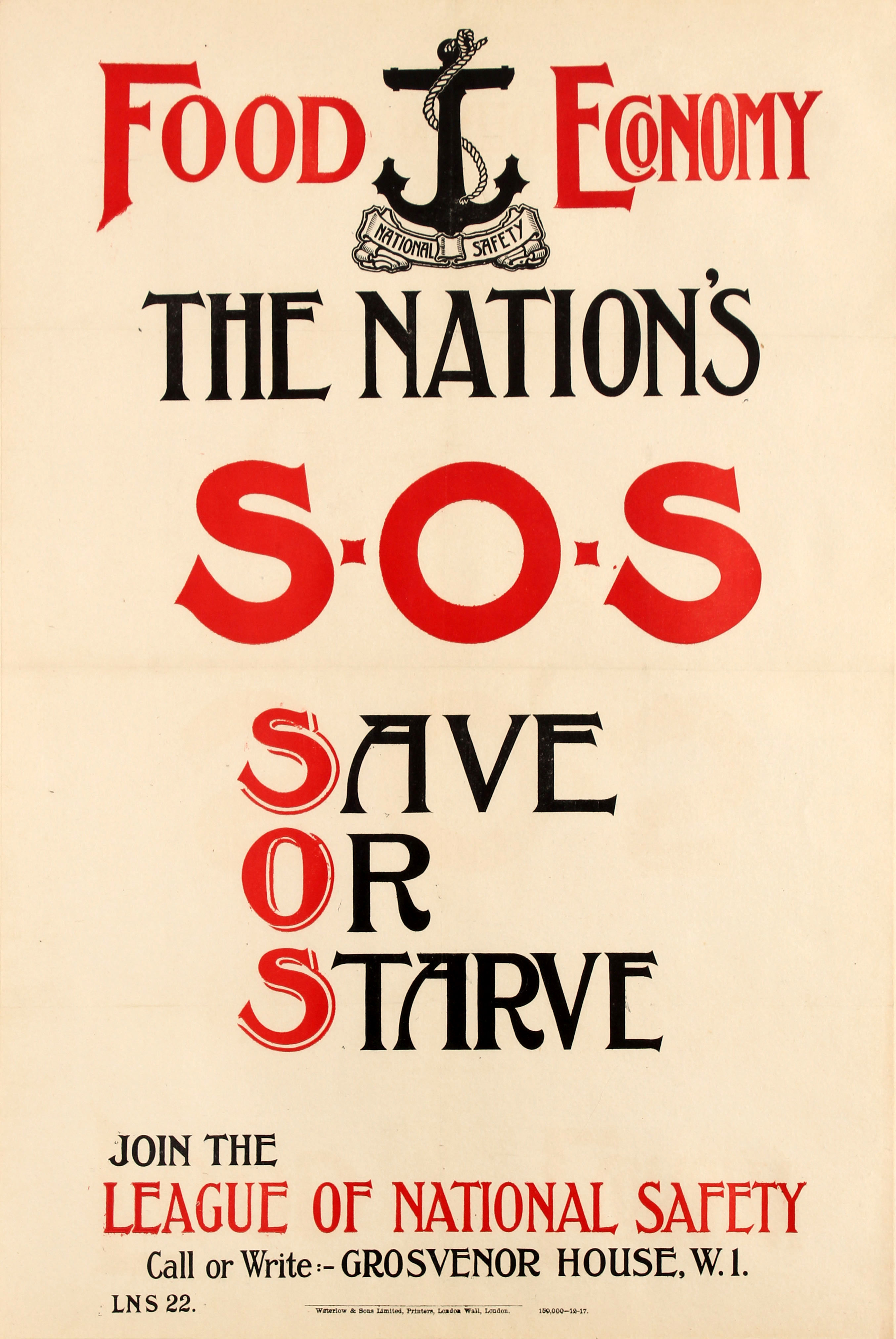 War Poster Food Economy National Safety SOS Save Or Starve WWI