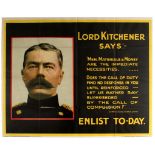 WWI War Poster Lord Kitchener Enlist Today Recruitment