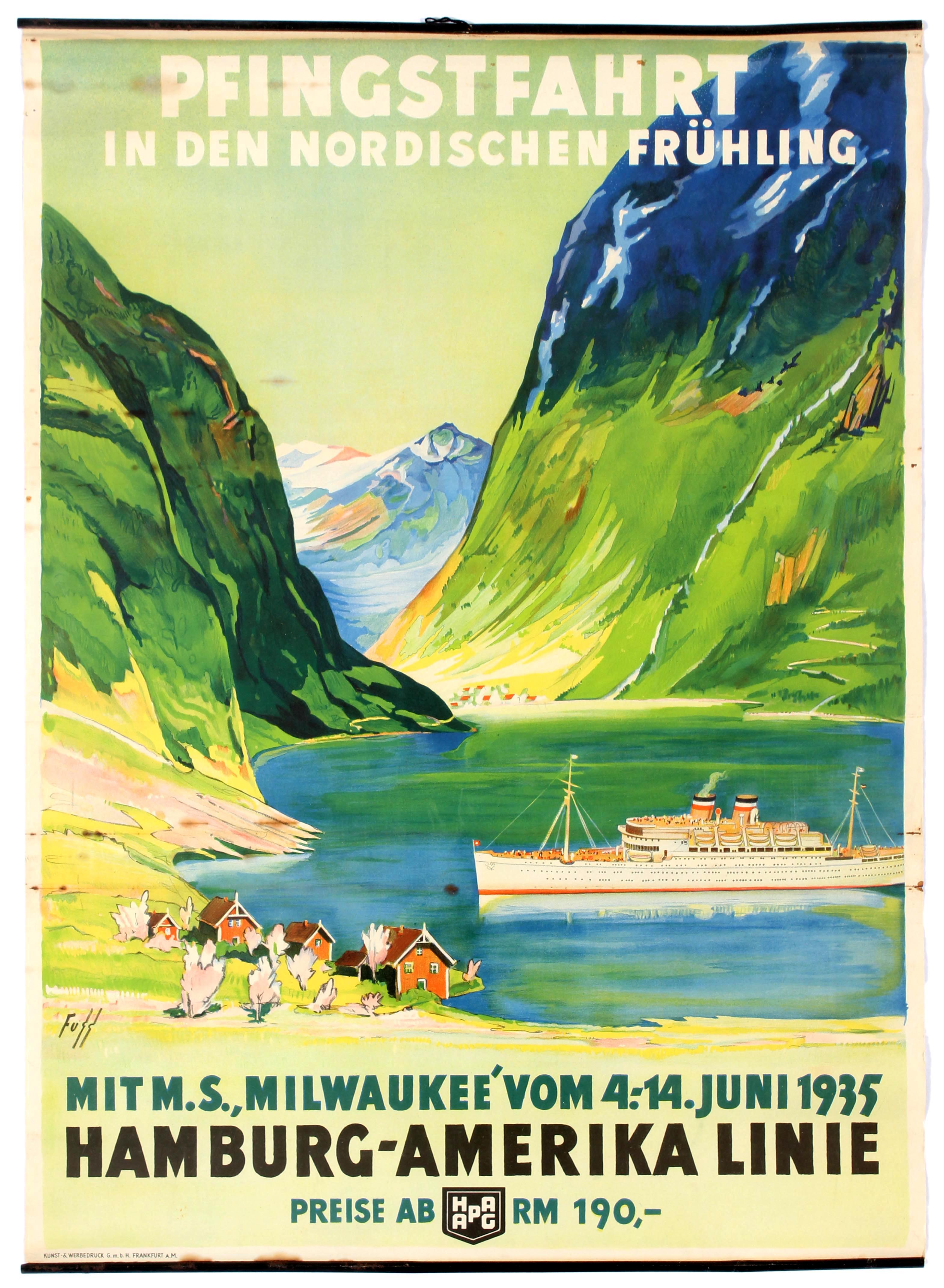 Travel Poster Norway Fjords HAPAG Cruise Ship Holidays Fuss