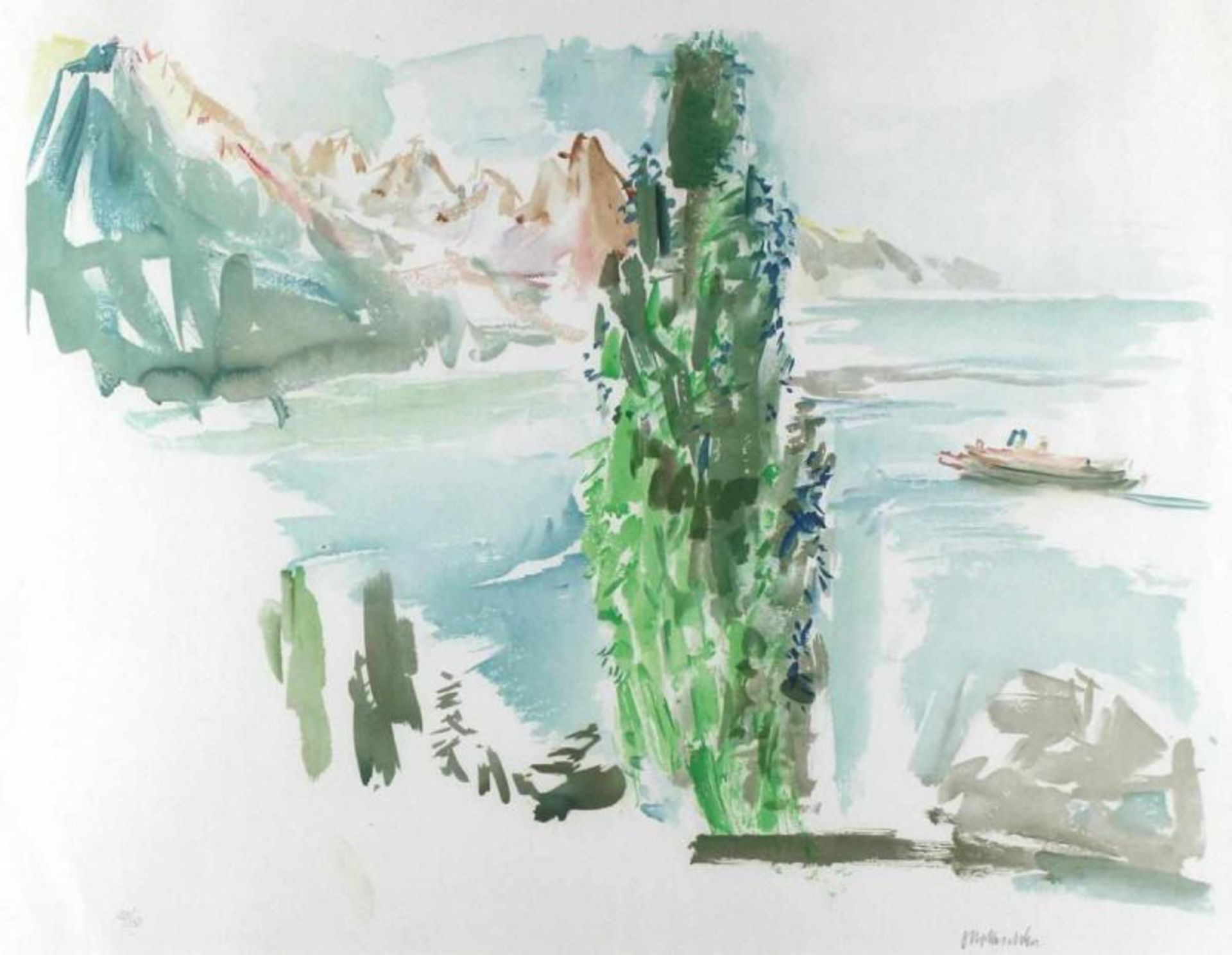 Kokoschka, Oskar(1886 Pöchlarn - Montreux 1980). Genfer See Landschaft. Farblithographie, unten