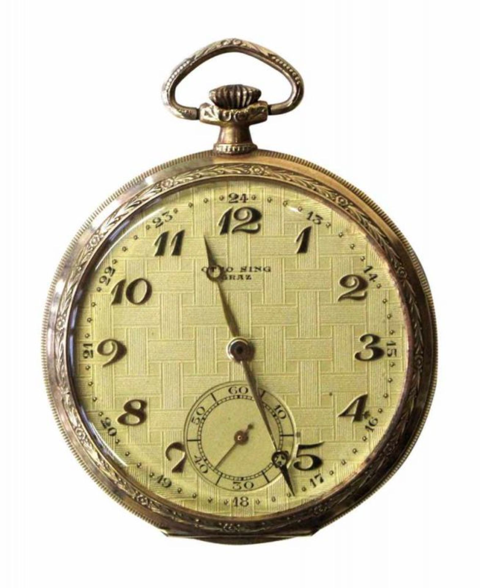 Taschenuhr Otto Sing Grazum 1910. 585 Gelbgoldgehäuse. Goldenes, schraffiertes Ziffernblatt.