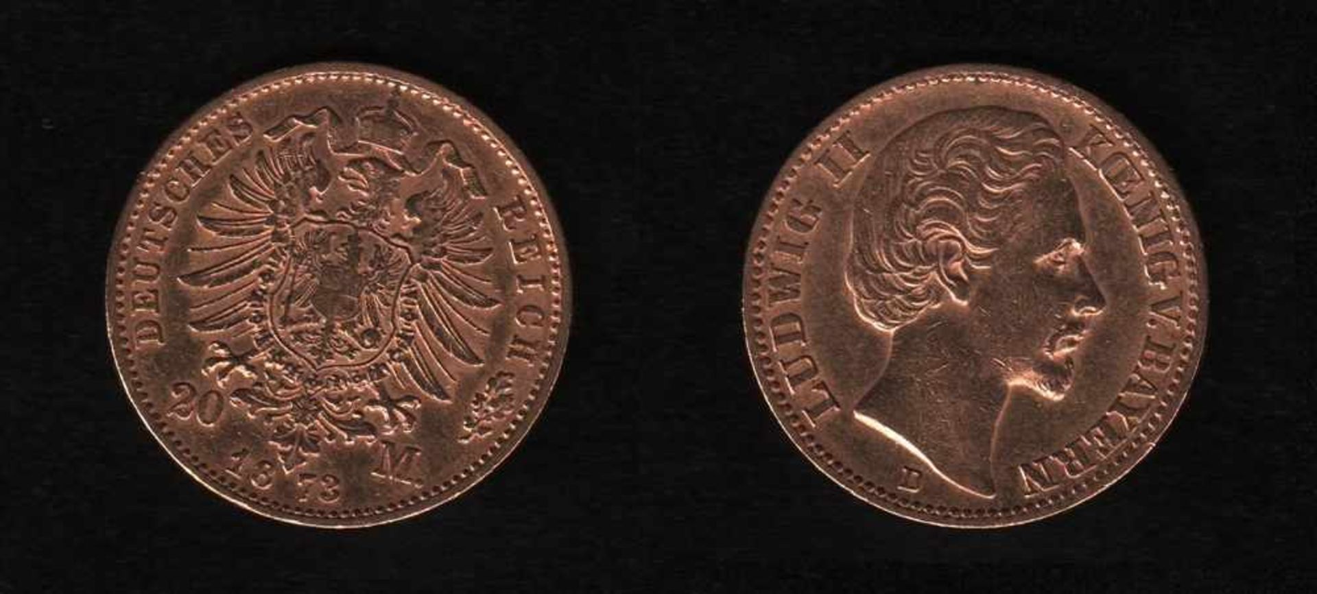 Deutsches Reich. Goldmünze.20 Mark. Ludwig II., König von Bayern. D 1873. Vorderseite: Porträt