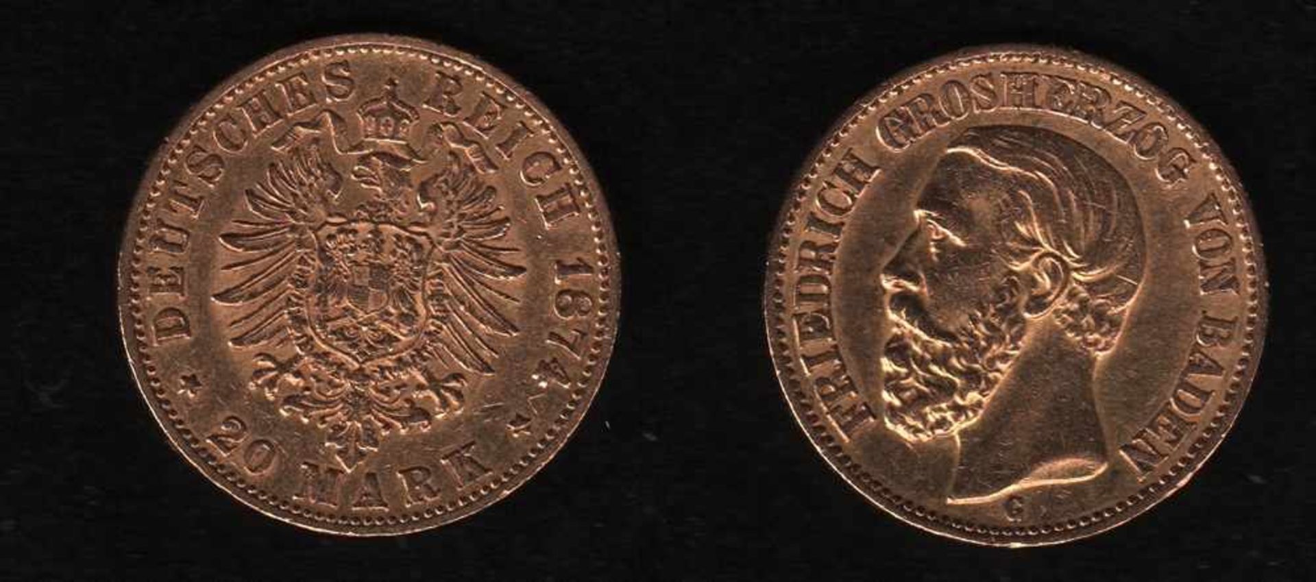 Deutsches Reich. Goldmünze.20 Mark. Friedrich I., Großherzog von Baden. G 1874. Vorderseite: Porträt
